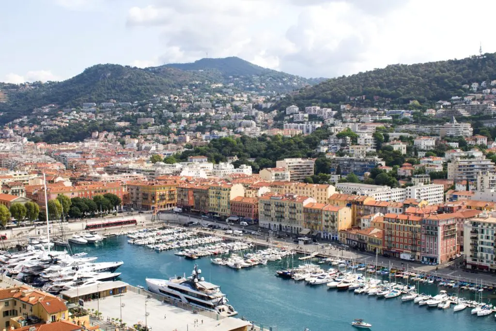 Aerial view of boats, buildings in Nice, South of France
